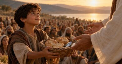 Um menino oferece a Jesus uma cesta com pães e peixes diante da multidão, ao entardecer